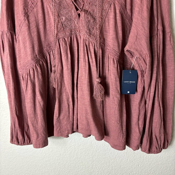 NWT Lucky Brand Lace Up Rose Brown Trim Peasant Top size Small - Picture 7 of 7